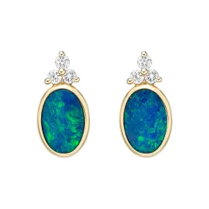 10K Yellow Gold Oval Opal Doublet with Diamond Stud Earrings