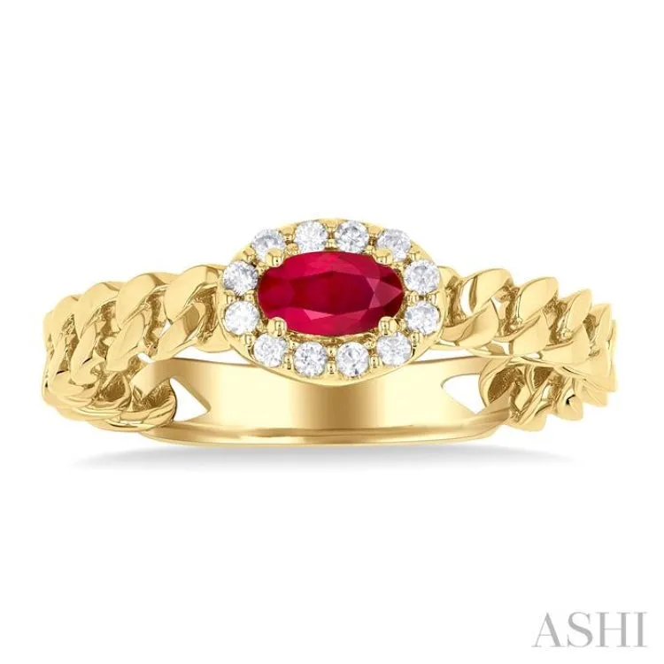 1/10 ctw Cuban Link East-West 5x3 MM Oval Cut Ruby and Round Cut Diamond Halo Precious Ring in 10K Yellow Gold