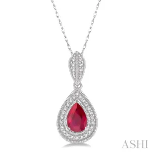 1/10 Ctw Pear Shape 6x4mm Ruby & Round Cut Diamond Precious Pendant With Chain in 10K White Gold