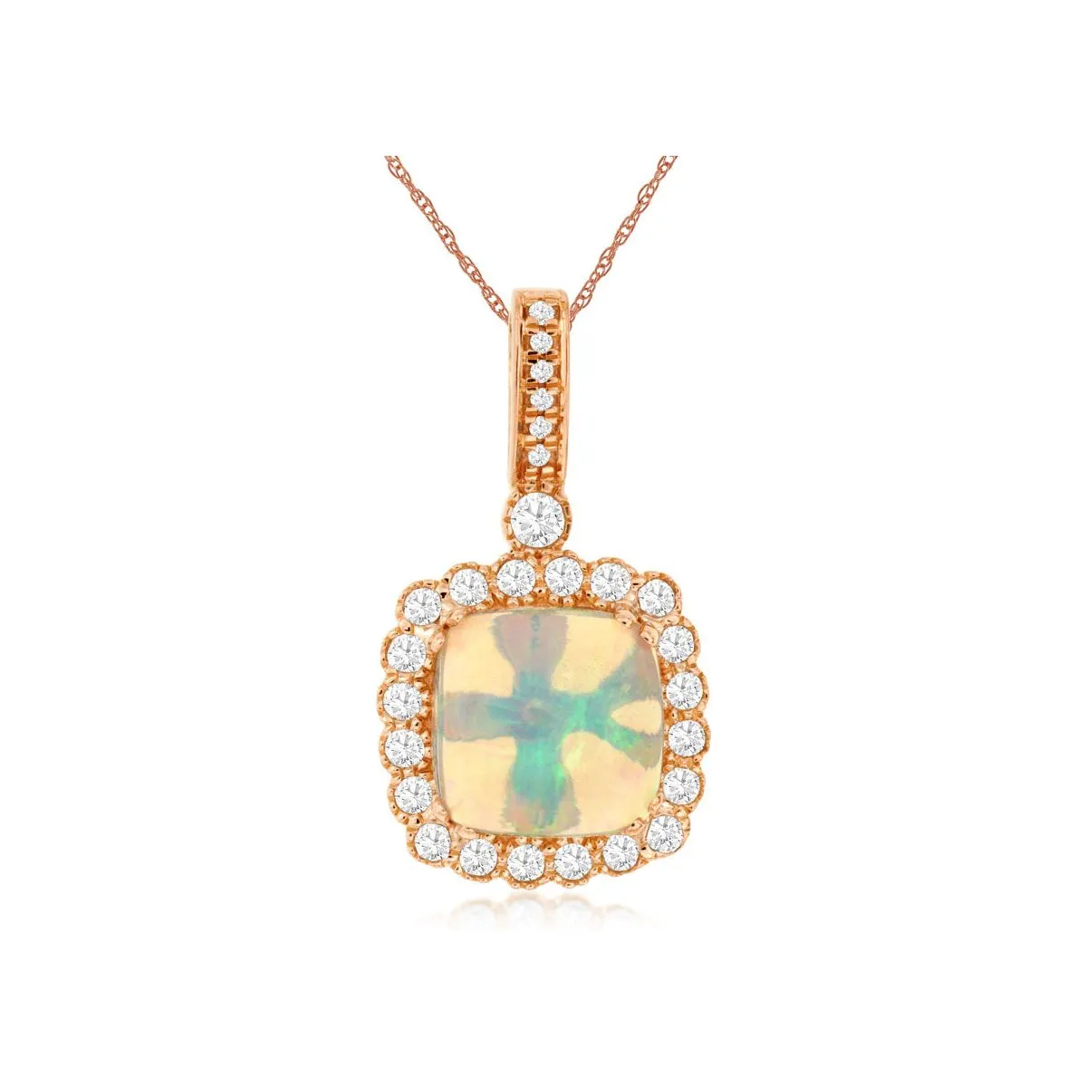 14k Rose Gold Cushion Cut Opal with Diamond Halo Pendant