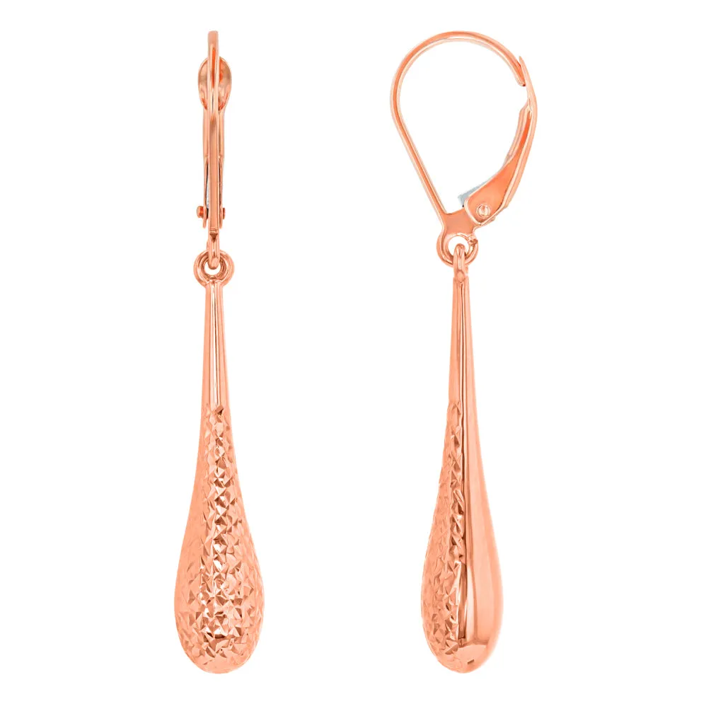 14k Rose Gold Textured Teardrop Dangle Drop Earrings, 6mm