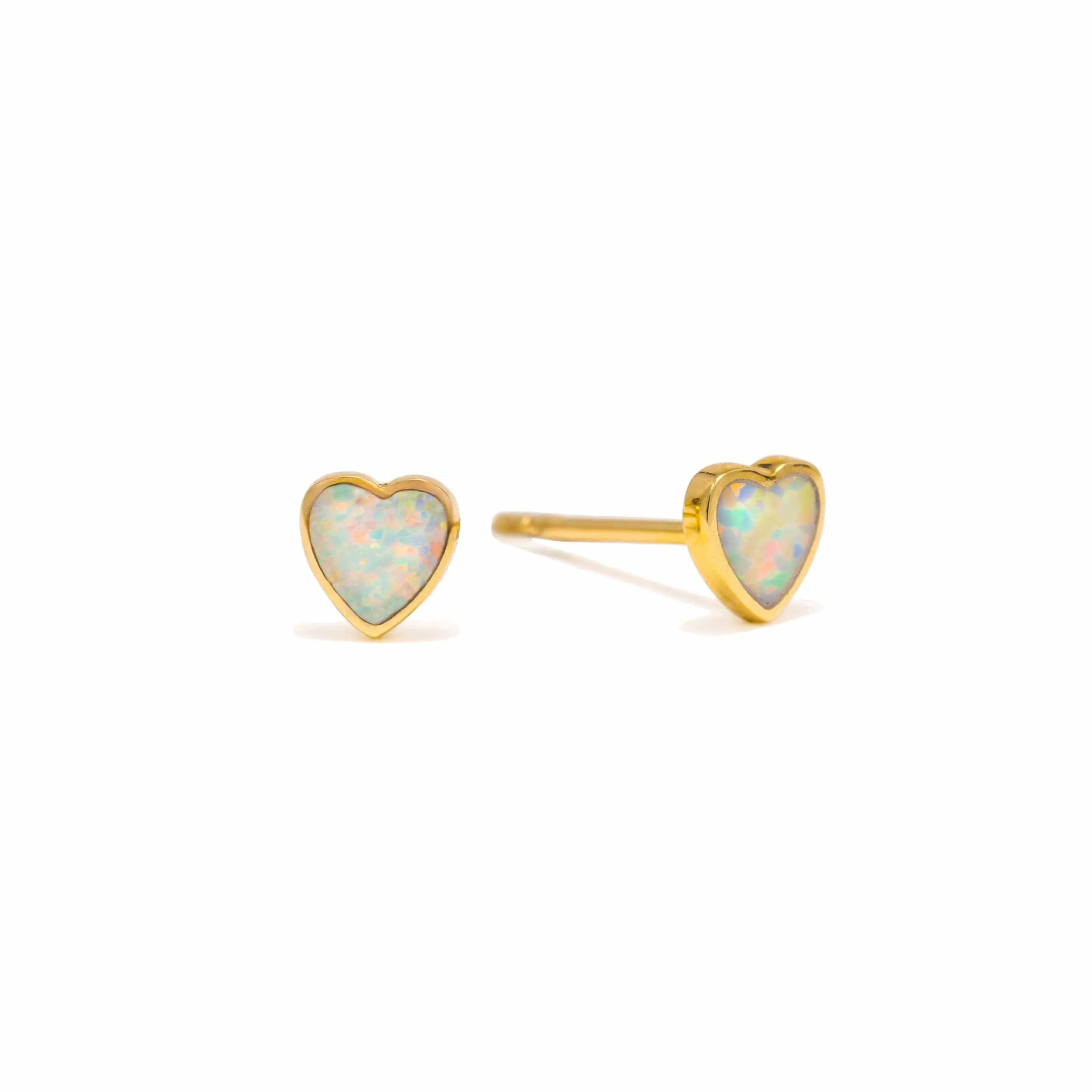 14K Solid Gold Opal Heart Stud Earrings