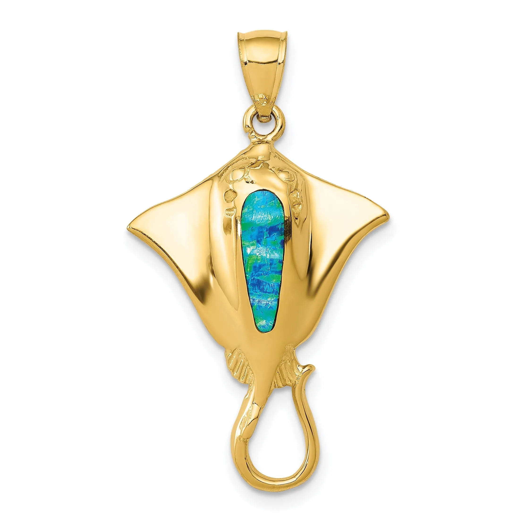 14k Yellow Gold Casted Solid Open Back Polished Finish Created Blue Opal Stingray Charm Pendant