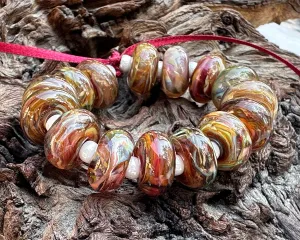 15 Ruby Brown Swirl Lampwork Beads Set SRA