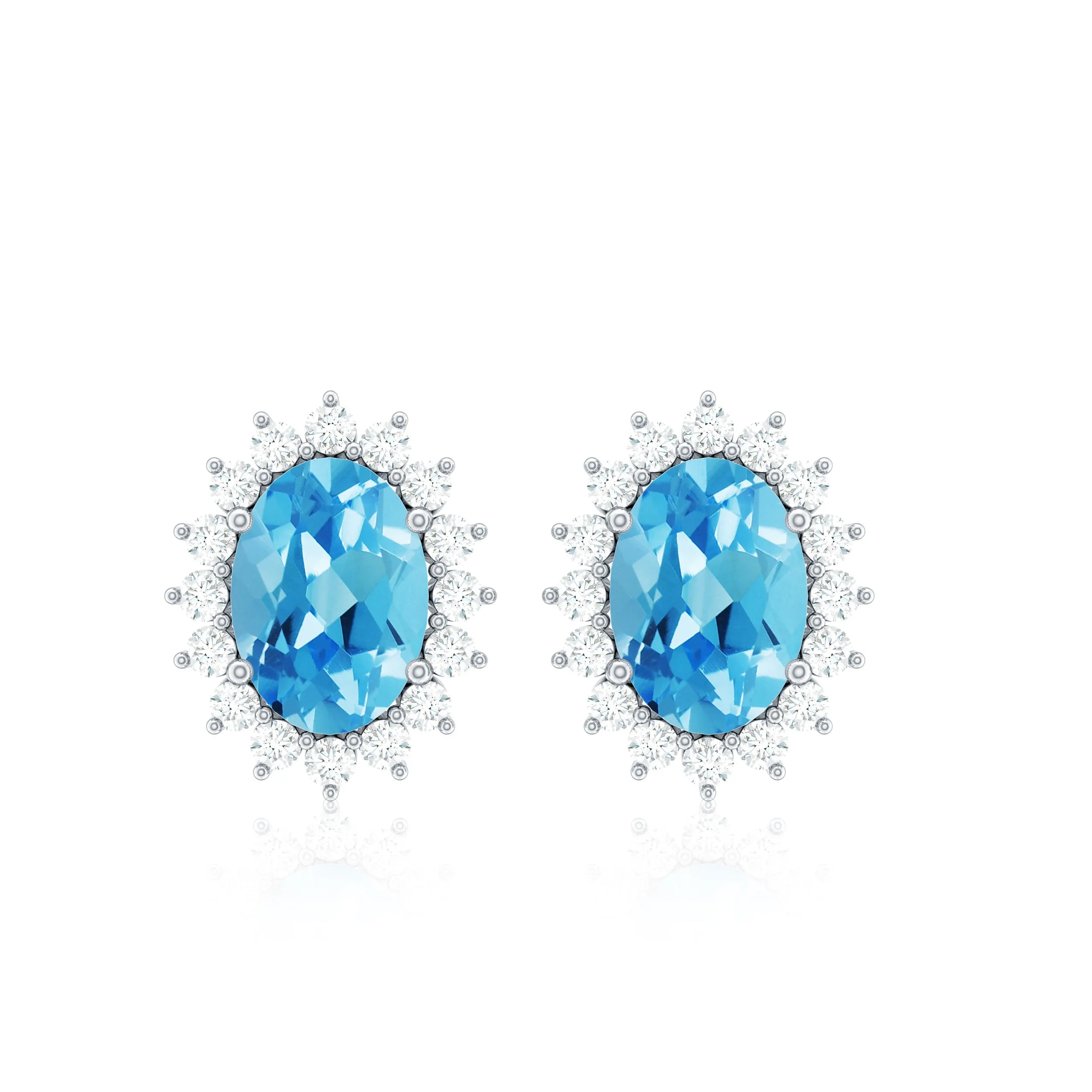 1.75 CT Oval Cut Swiss Blue Topaz Classic Stud Earrings with Diamond Halo