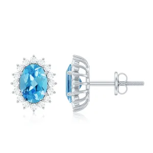 1.75 CT Oval Cut Swiss Blue Topaz Classic Stud Earrings with Diamond Halo