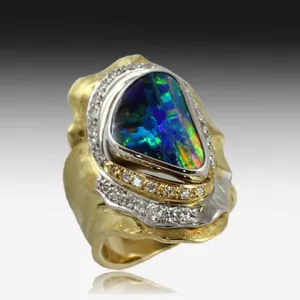 18KT YELLOW GOLD BOULDER OPAL AND DIAMOND RING