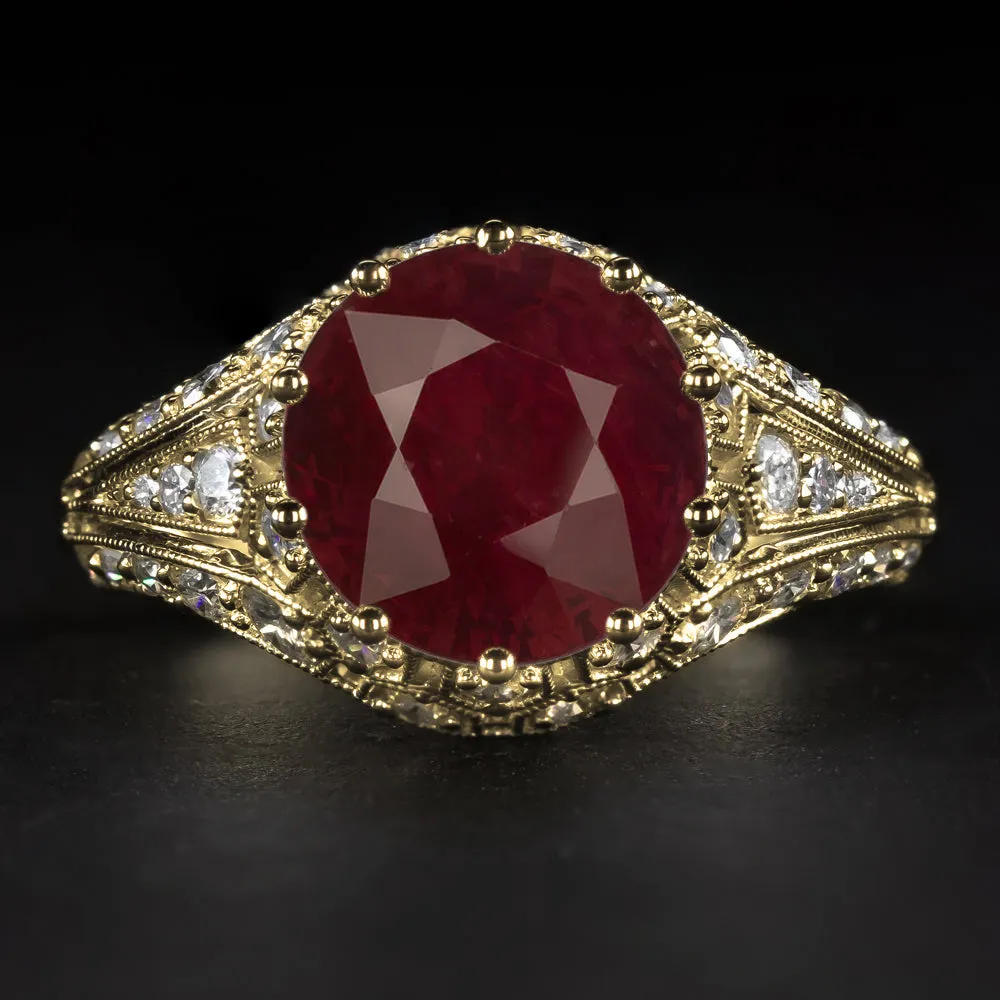 3.5ct RUBY DIAMOND COCKTAIL RING GIA CERTIFIED ROUND CUT VINTAGE STYLE 14k GOLD