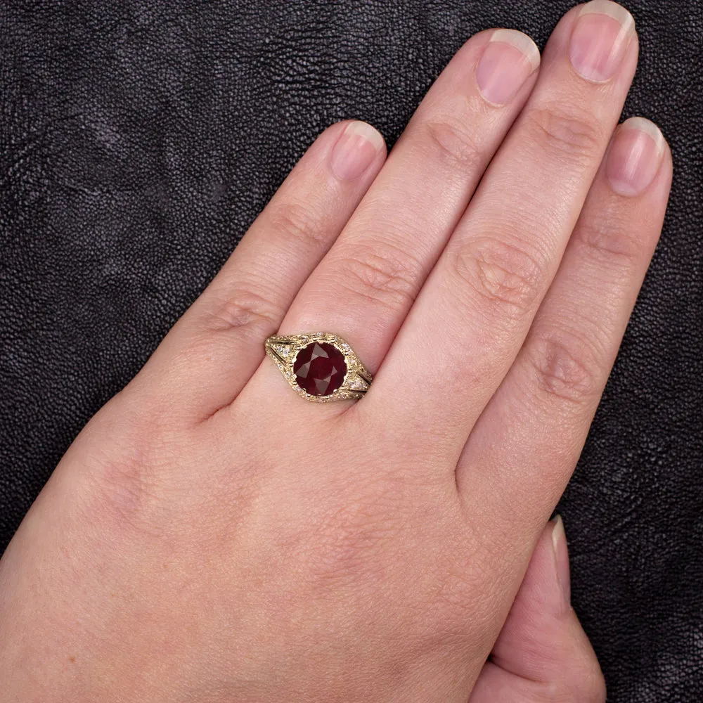 3.5ct RUBY DIAMOND COCKTAIL RING GIA CERTIFIED ROUND CUT VINTAGE STYLE 14k GOLD