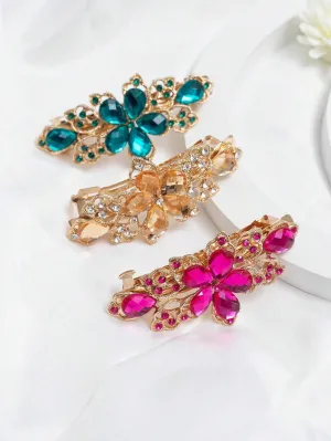 3pcs Rhinestone Flower Decor Glamorous Hair Clip For Party for Women Barrette