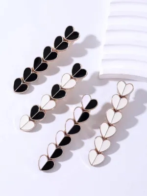 4pcs Black and White Heart Decor Alligator Hair Clip for Women Barrette Styling