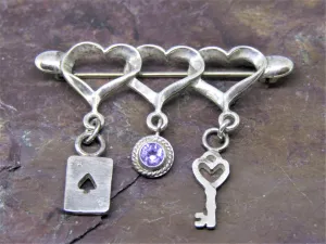 Ace of Spade Card & Key, Silver Brooch