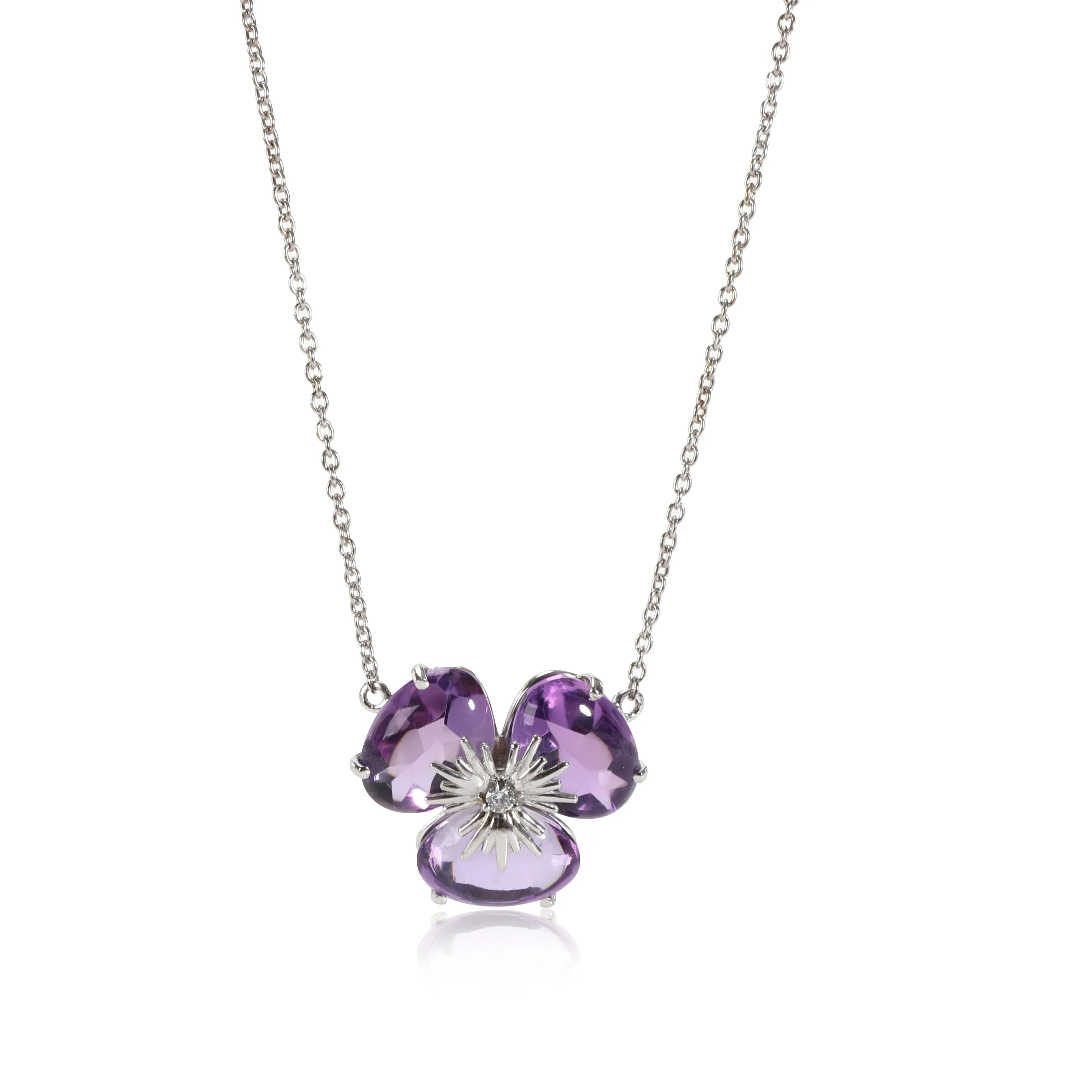 Amethyst Diamond Flower Necklace in 18K White Gold 0.02 CTW