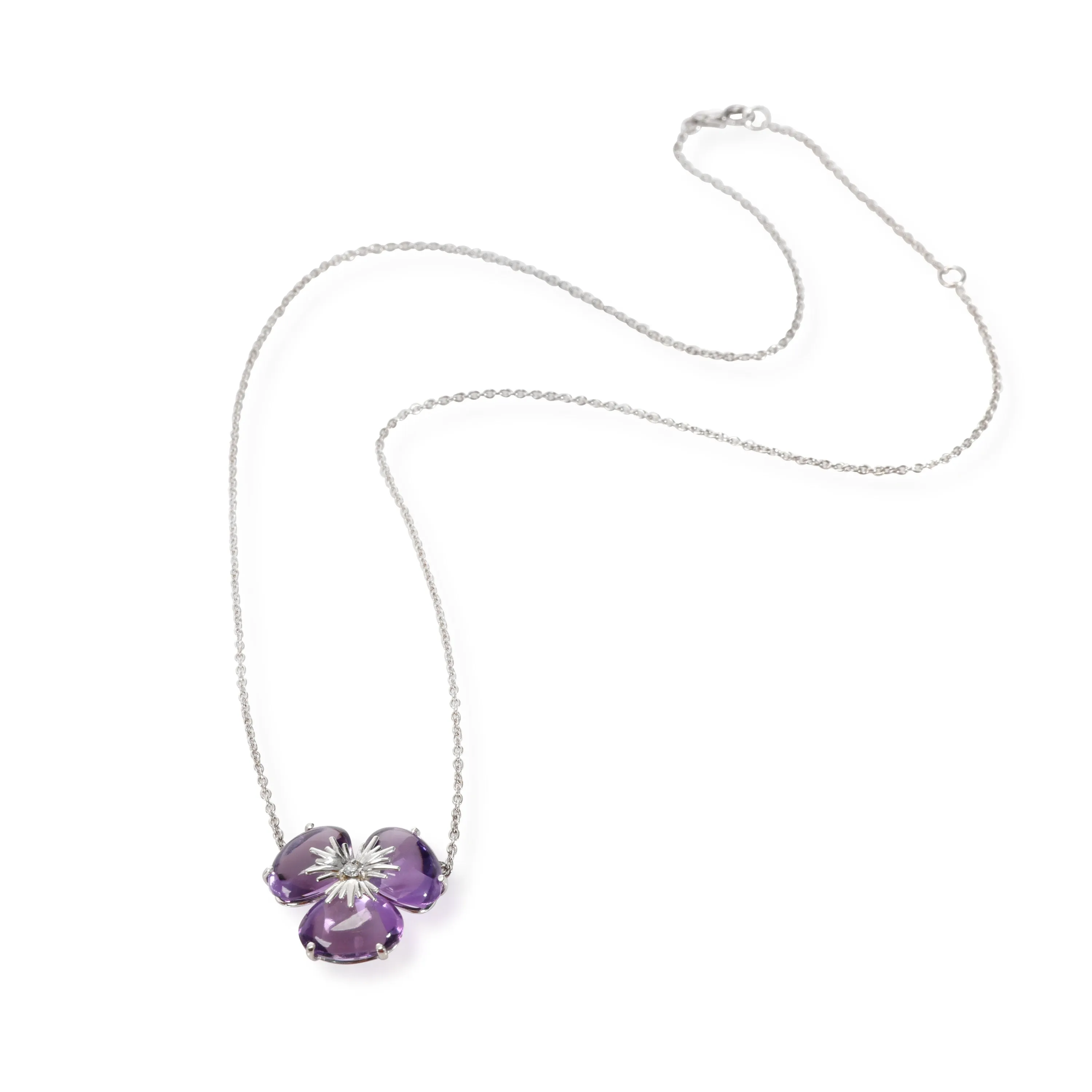 Amethyst Diamond Flower Necklace in 18K White Gold 0.02 CTW