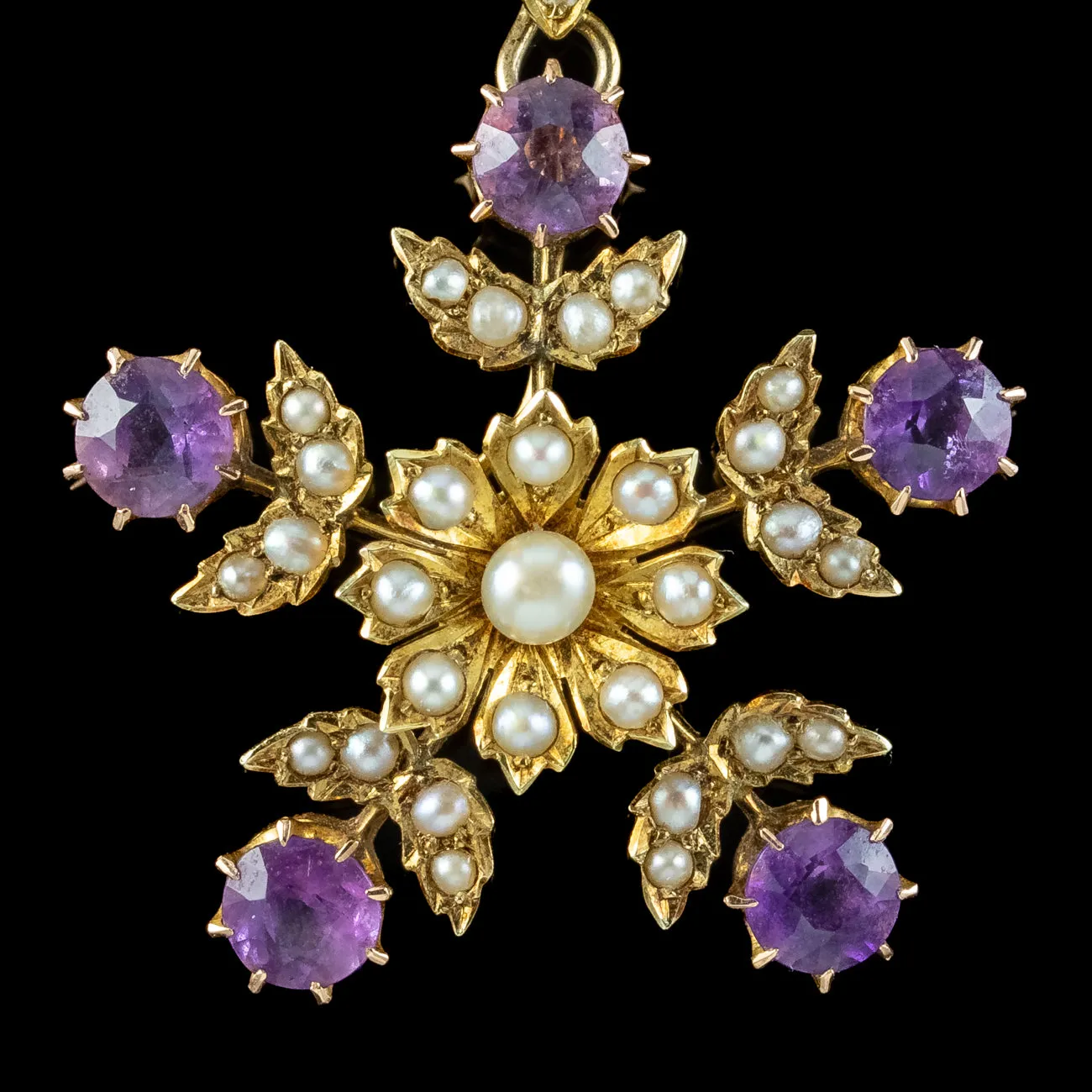 Antique Edwardian Amethyst Pearl Floral Lavaliere Necklace 15ct Gold