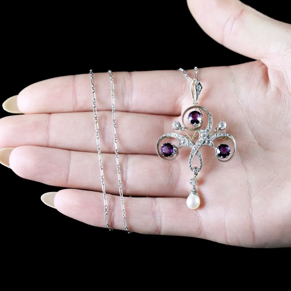 Antique Edwardian Platinum Amethyst Diamond Pendant Necklace