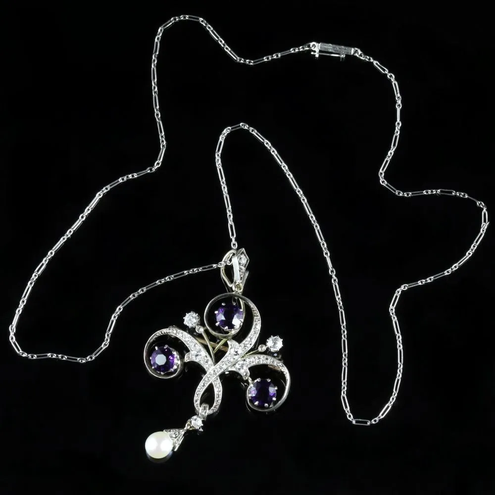 Antique Edwardian Platinum Amethyst Diamond Pendant Necklace