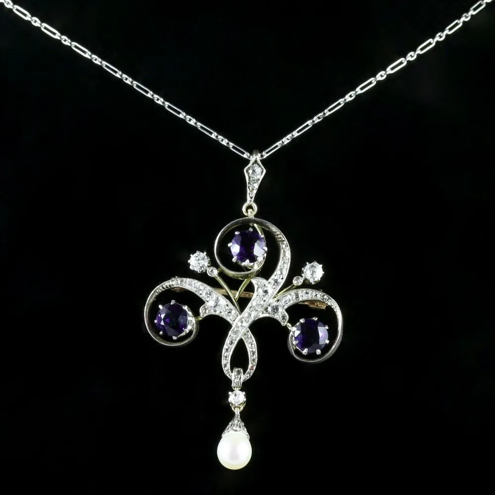 Antique Edwardian Platinum Amethyst Diamond Pendant Necklace