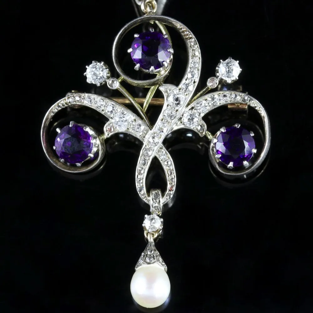 Antique Edwardian Platinum Amethyst Diamond Pendant Necklace