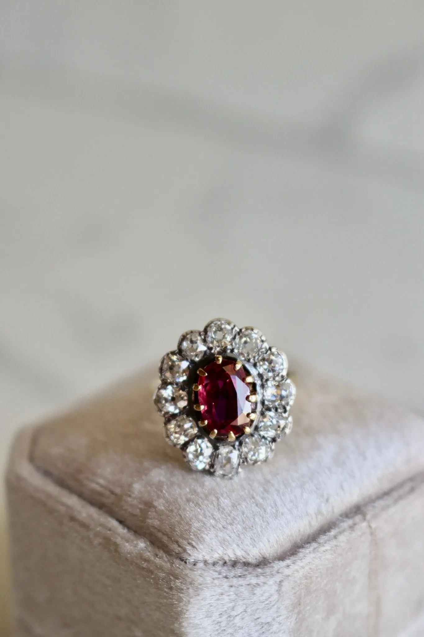 Antique Thai No Heat Ruby Diamond Silver 18k Yellow Gold Cluster Ring