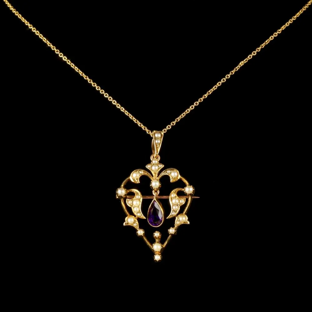 Antique Victorian Amethyst Pendant Brooch 15Ct Gold Necklace Heart Shape Circa 1900