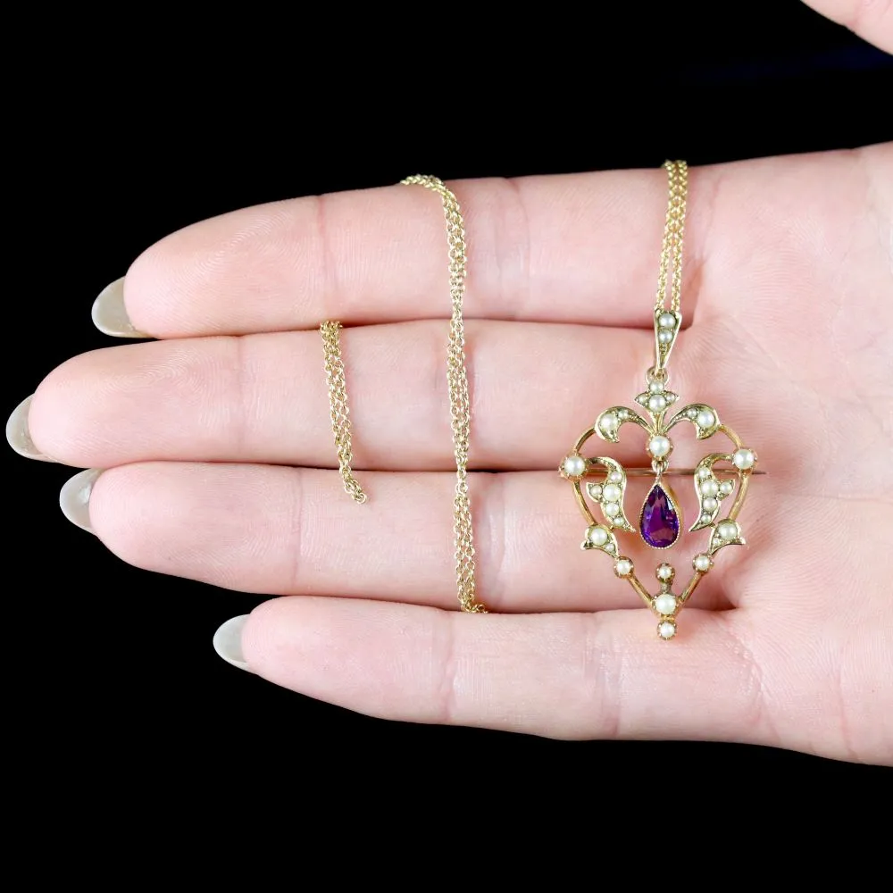 Antique Victorian Amethyst Pendant Brooch 15Ct Gold Necklace Heart Shape Circa 1900