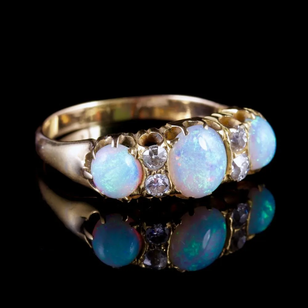 Antique Victorian Opal Diamond Ring 18Ct Gold Opal Trilogy