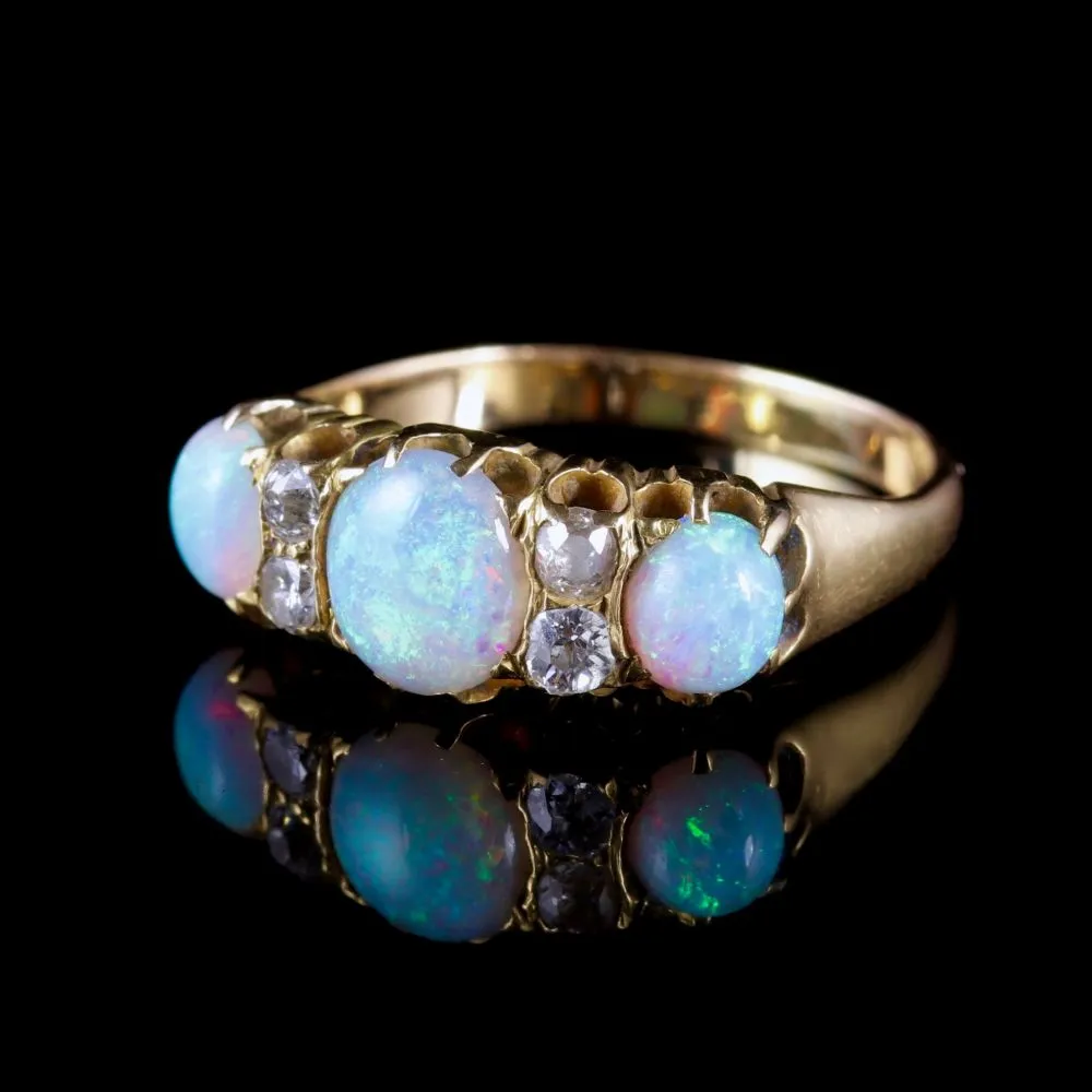 Antique Victorian Opal Diamond Ring 18Ct Gold Opal Trilogy