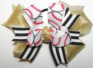 Baseball Red Black Gold Ponytail Bow