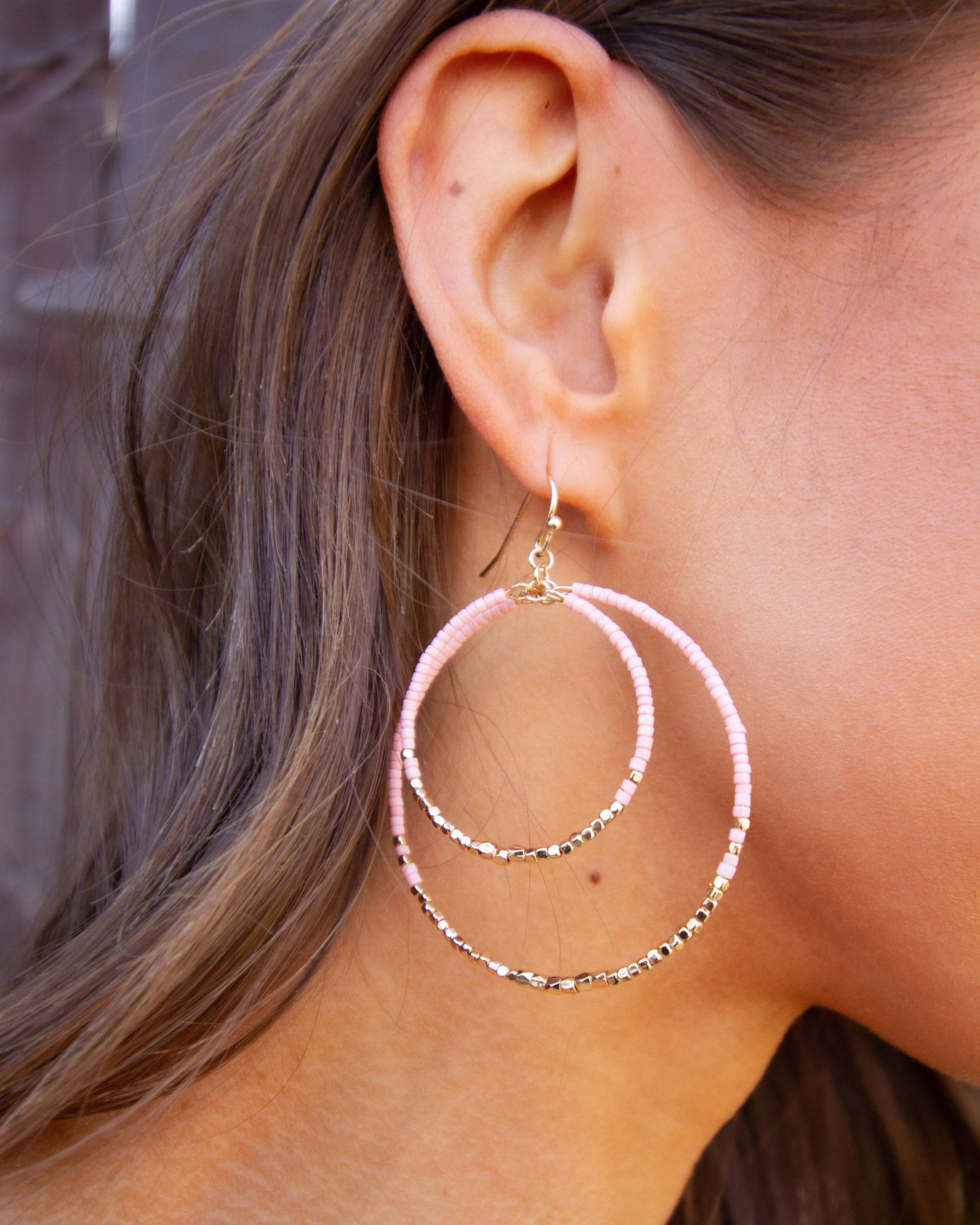 Bella Double Hoop Earrings - Pink/Gold