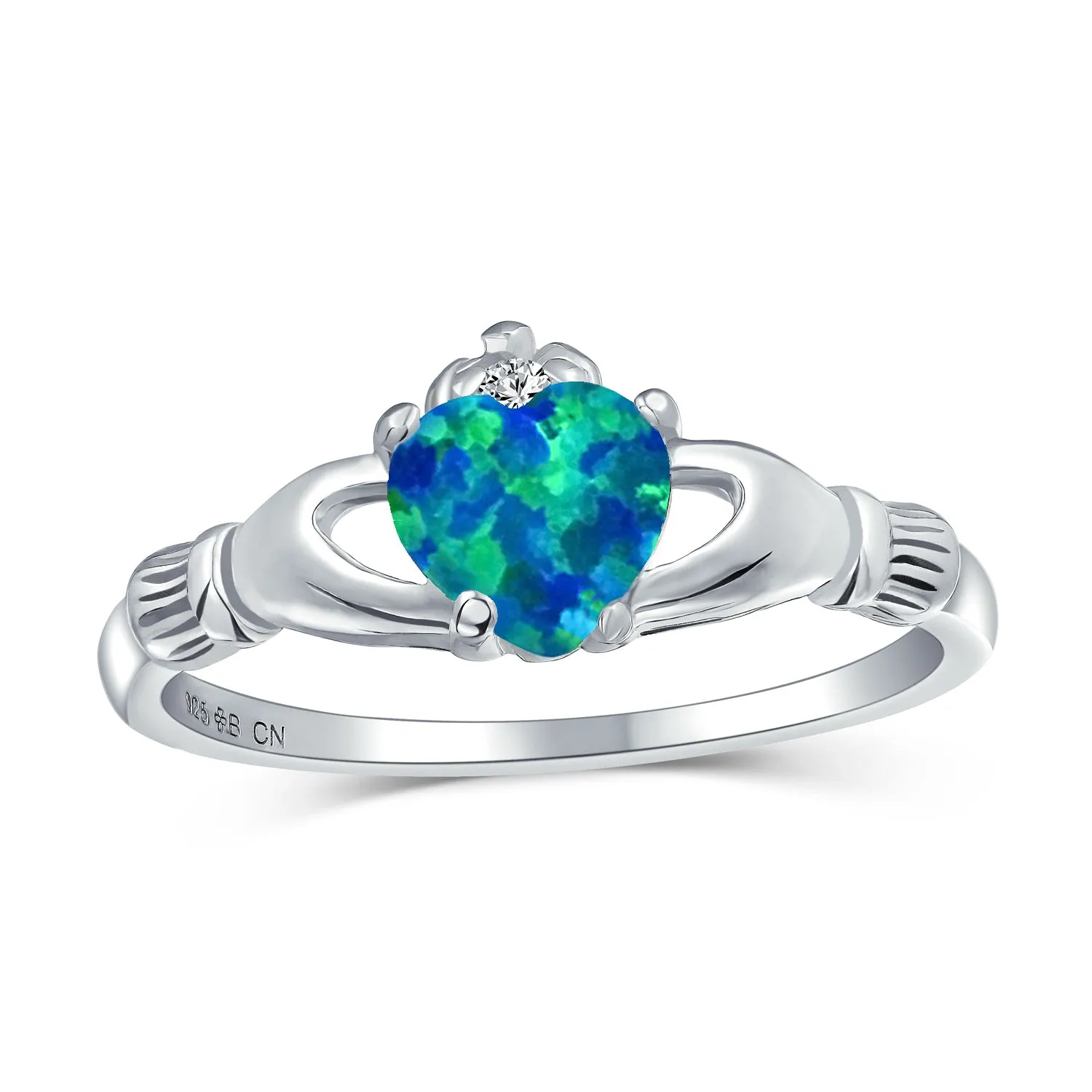 BFF Triquetra Celtic Knot White Blue Opal Claddagh Ring .925 Silver