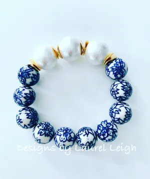 Blue & White Chinoiserie Bracelet - Peony Flower & Pearl Bracelet