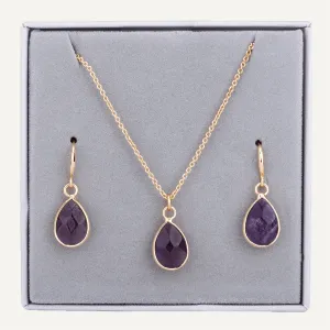 Boxed Semi-Precious Stone Set In Gold-Tone & Amethyst