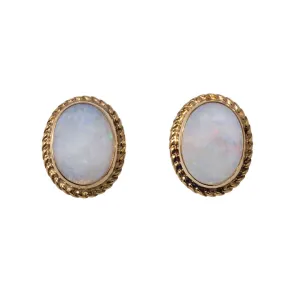 Cabochon Opal 14K Yellow Gold Rope Twist Stud Earrings