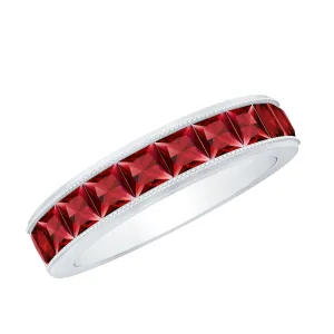 Channel Set Created Ruby Semi Eternity Band Ring with Milgrain Gold