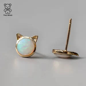 Cute Kitty Cat Ears Australian Solid Opal Stud Earrings 14k Yellow Gold