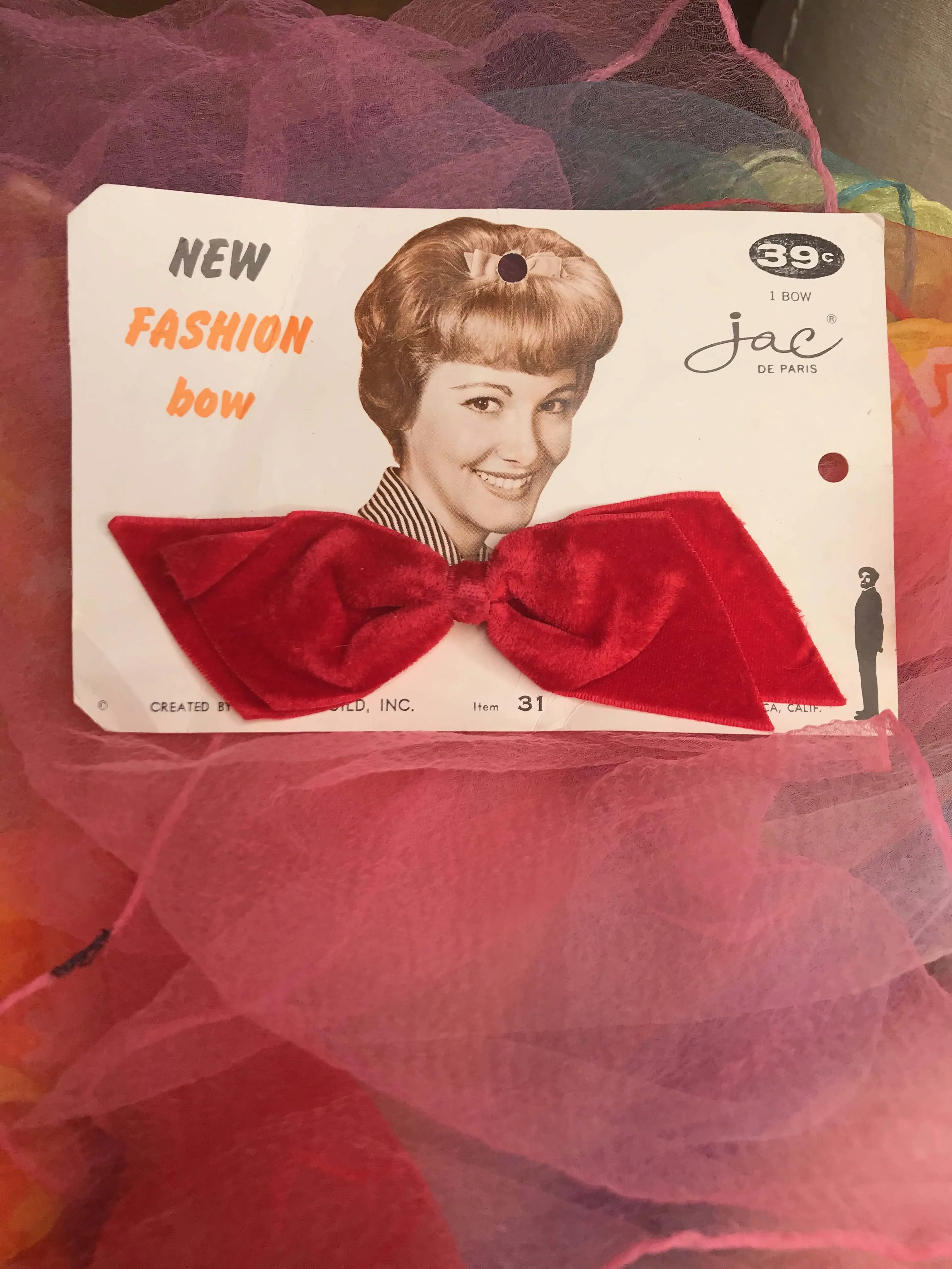 Deadstock 60s Vintage 1965 | Red Velvet Hair Bow Barrette GoGo Mod Midcentury