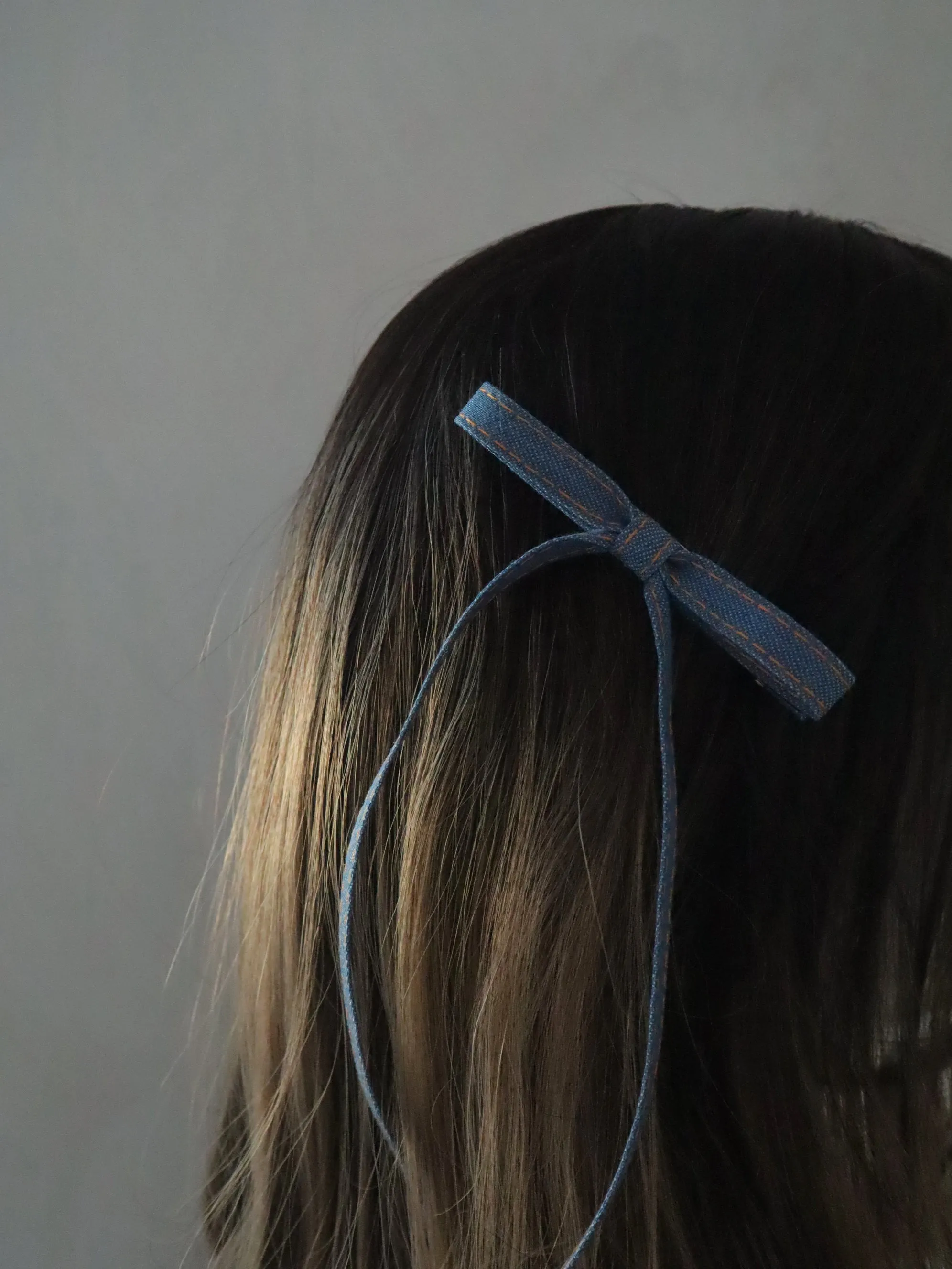 Denim long thin tail bow hair side comb barrette clip (set of 2)