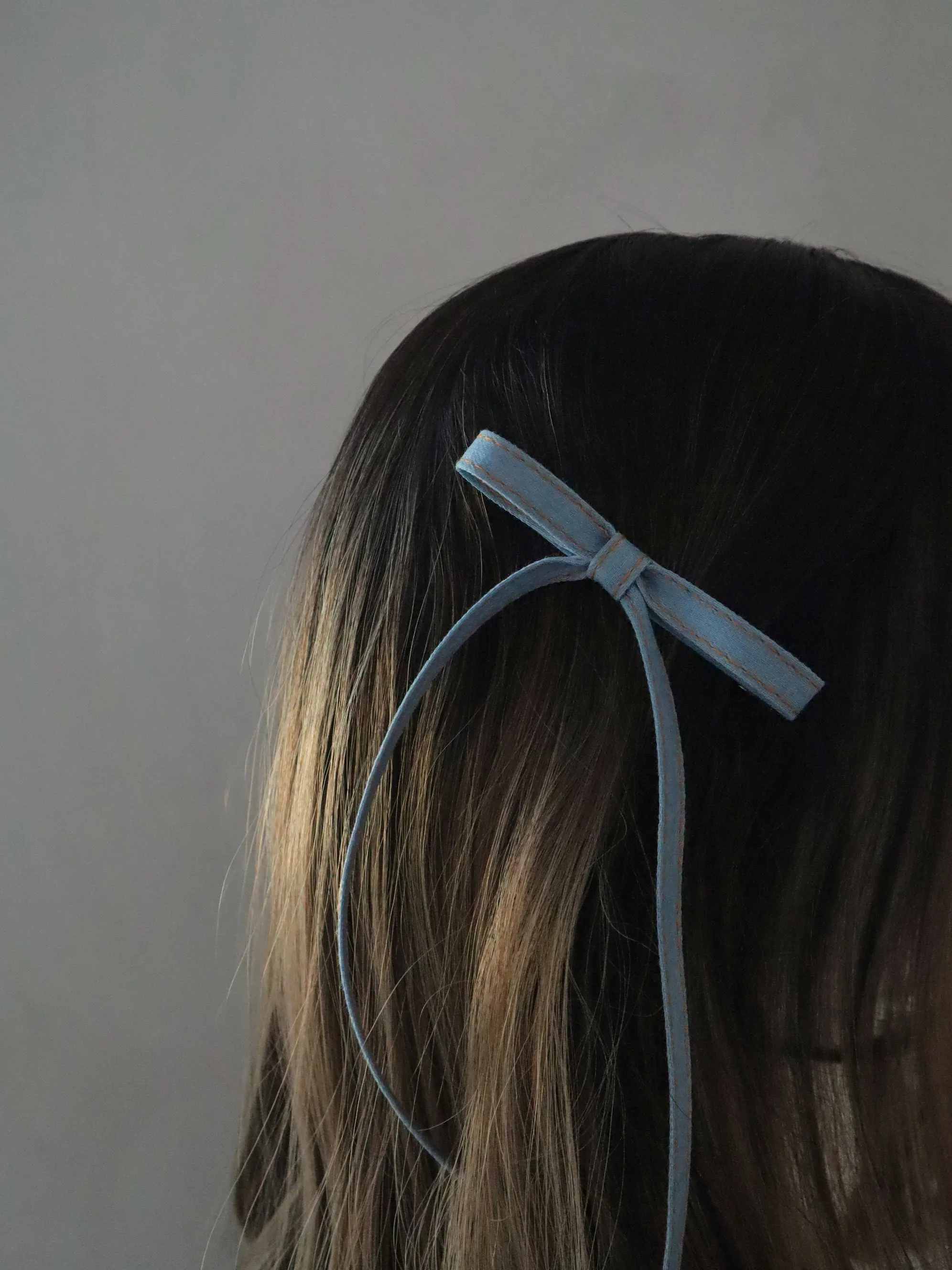 Denim long thin tail bow hair side comb barrette clip (set of 2)