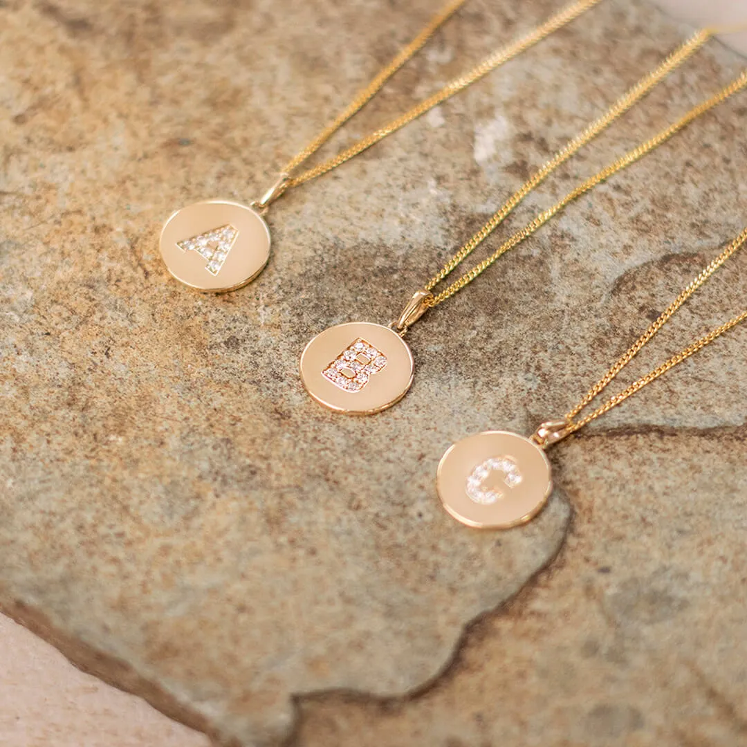 Diamond Initial Necklace | Solid Gold Disc | A to Z