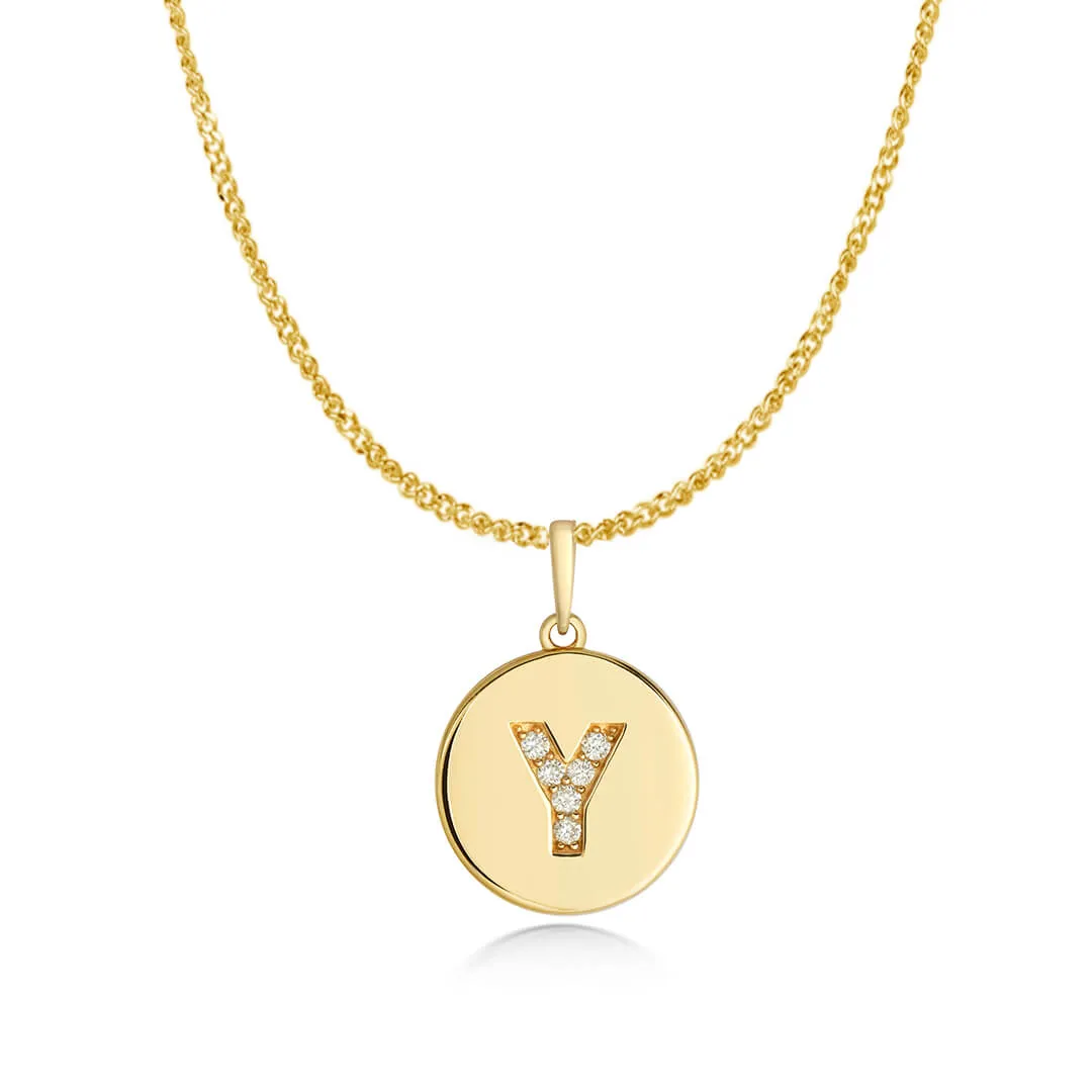 Diamond Initial Necklace | Solid Gold Disc | A to Z