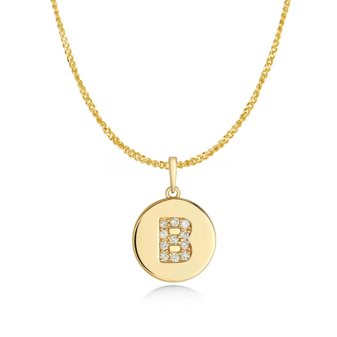 Diamond Initial Necklace | Solid Gold Disc | A to Z