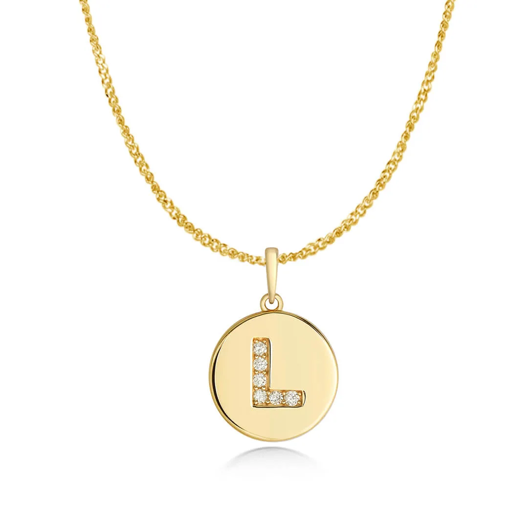 Diamond Initial Necklace | Solid Gold Disc | A to Z