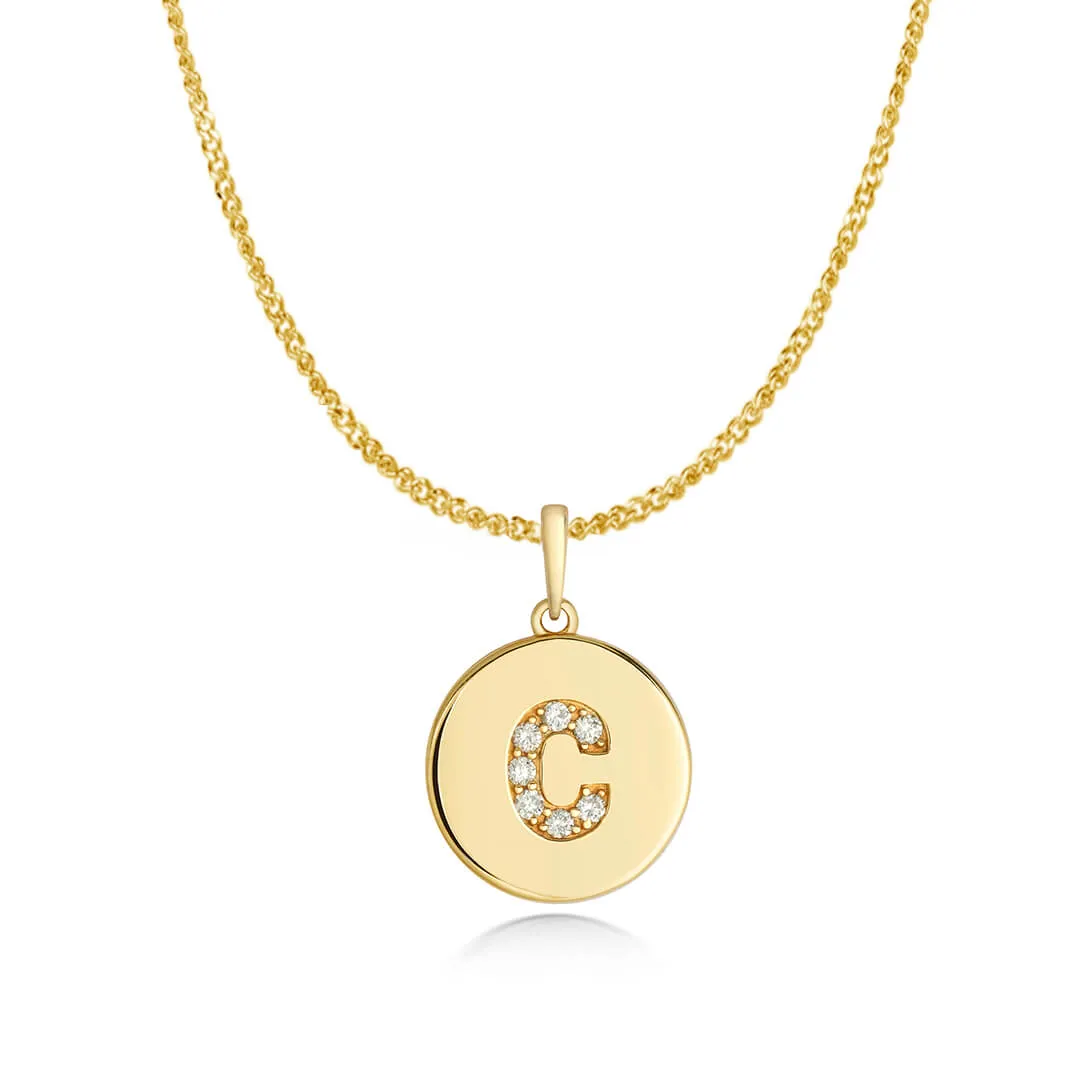 Diamond Initial Necklace | Solid Gold Disc | A to Z