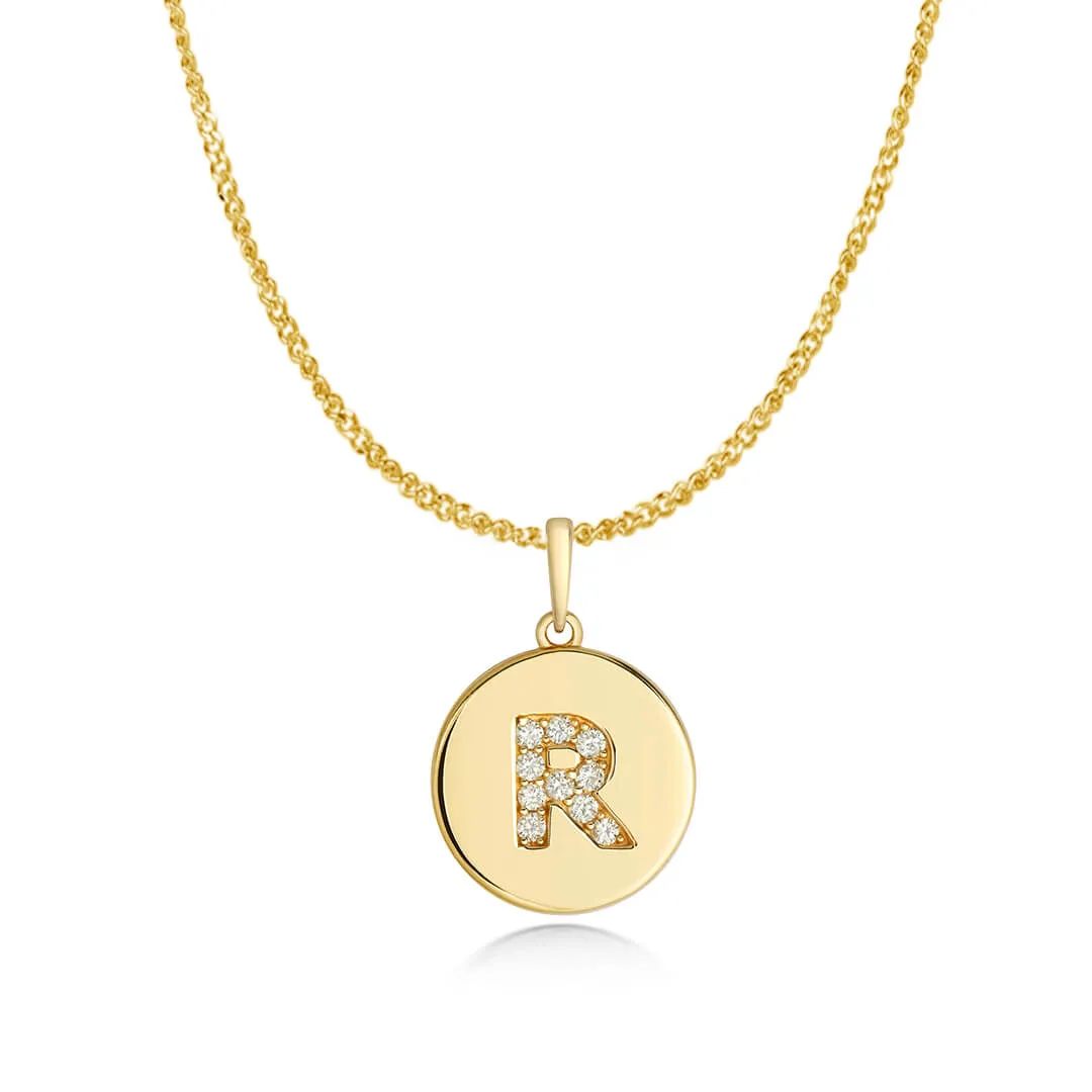 Diamond Initial Necklace | Solid Gold Disc | A to Z