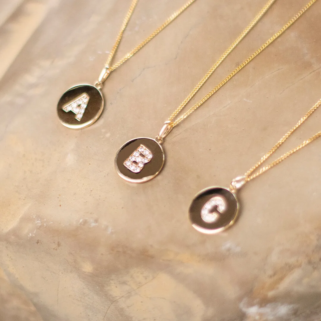 Diamond Initial Necklace | Solid Gold Disc | A to Z