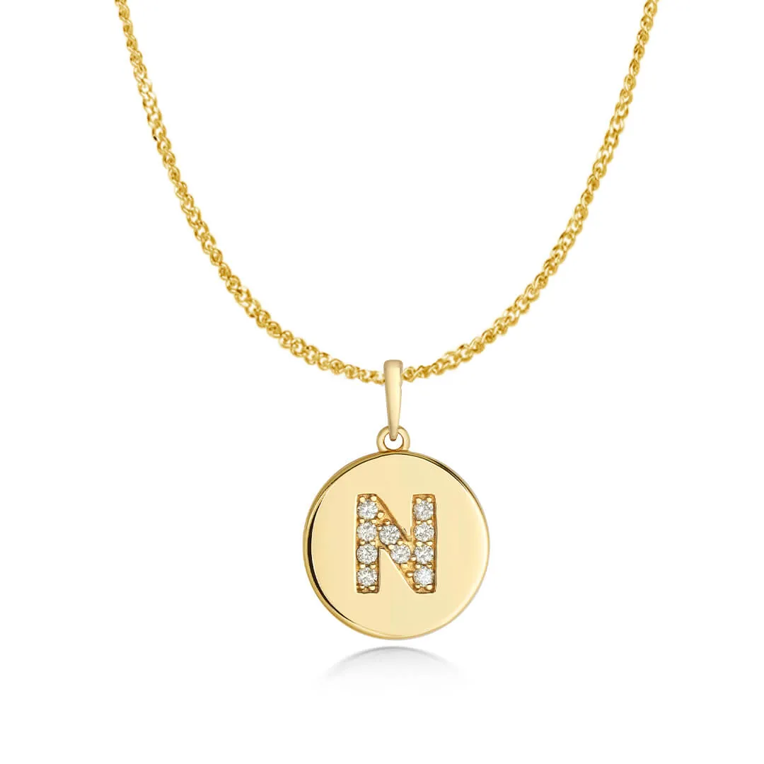 Diamond Initial Necklace | Solid Gold Disc | A to Z