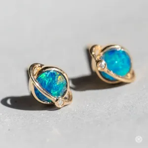 Earth Moon Design Australian Doublet Opal & Diamond Stud Earrings 18K Yellow Gold