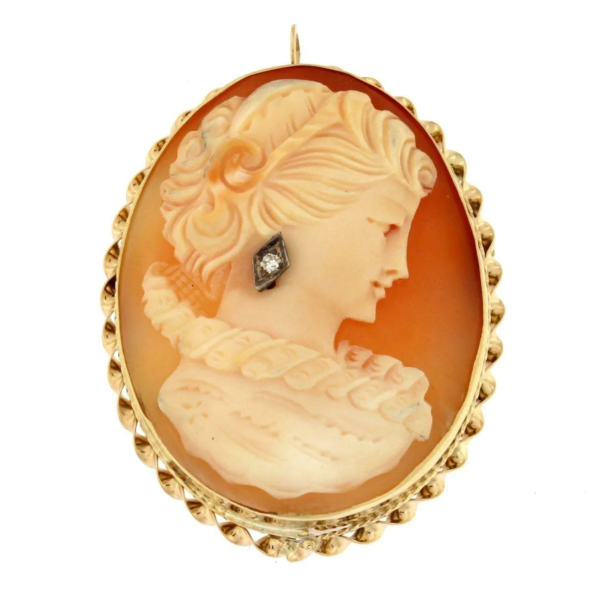 Estate Solid 14k Yellow Gold Diamond Shell Cameo Victorian Brooch Pin Pendant