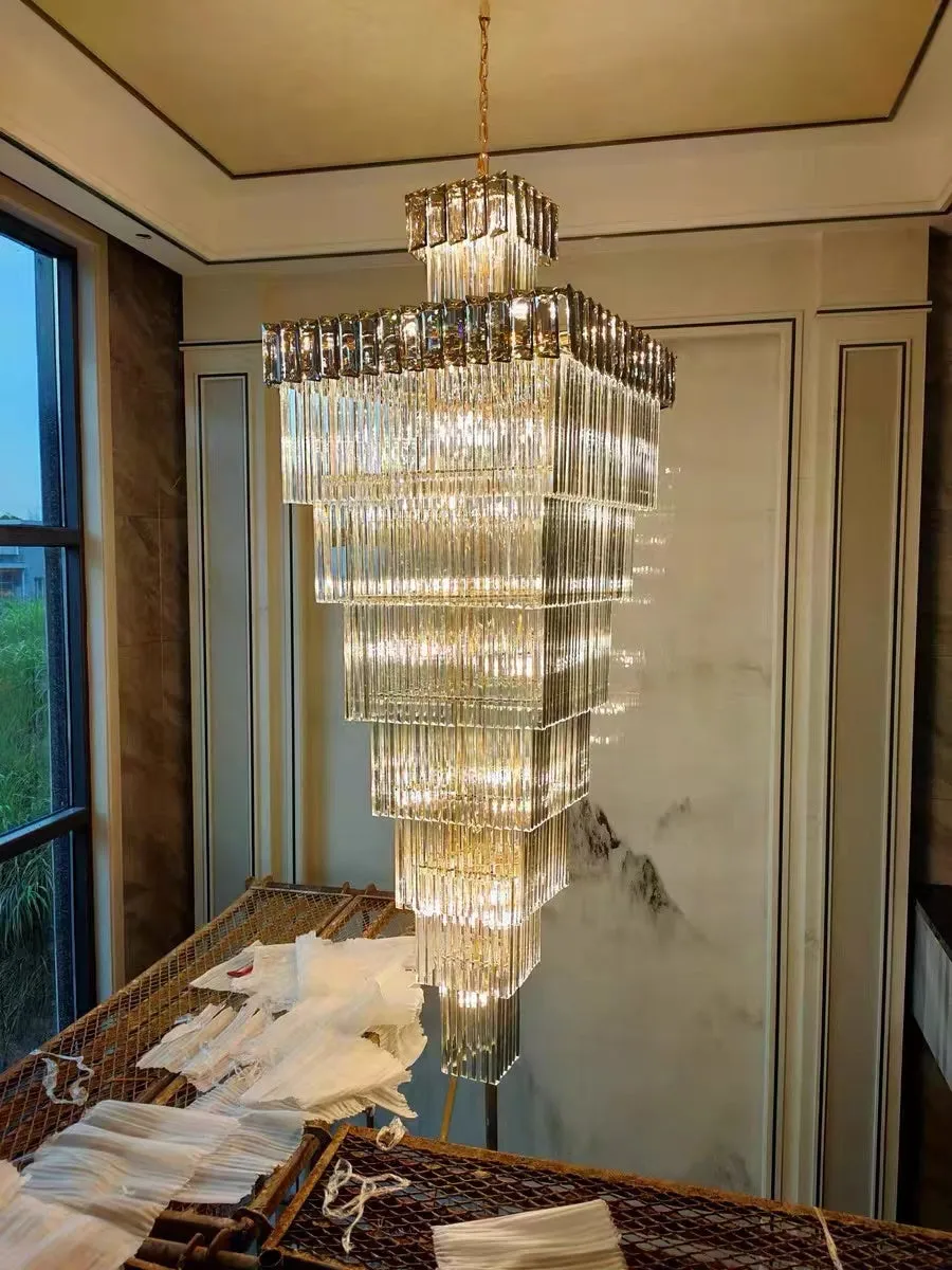 Extra Large Vertical Crystal Staircase Chandelier Foyer Ceiling Light Fixture in Gray/Amber Brim